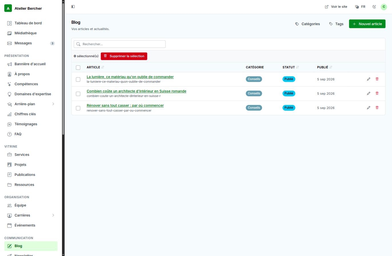 La liste du blog dans la console : article, catégorie, statut et date de publication, avec un bouton Nouvel article.